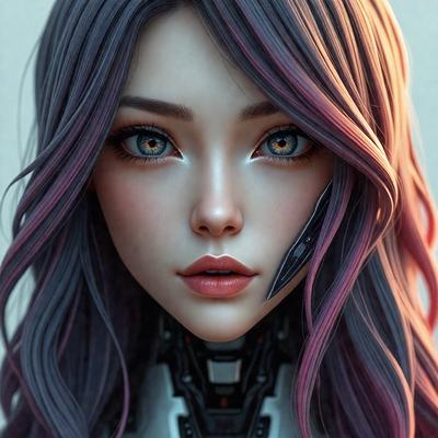 The primary subject of the image is a female character with purple hair, wearing a white outfit. She has a robotic appearance, with a mechanical face and a mechanical arm. The setting is a futuristic environment, with the character standing in front of a backdrop that features a mix of mechanical and organic elements. The visual style of the image is digital art, with the character being rendered in a detailed and realistic manner. The colors and mood of the image are predominantly dark and moody, with the
